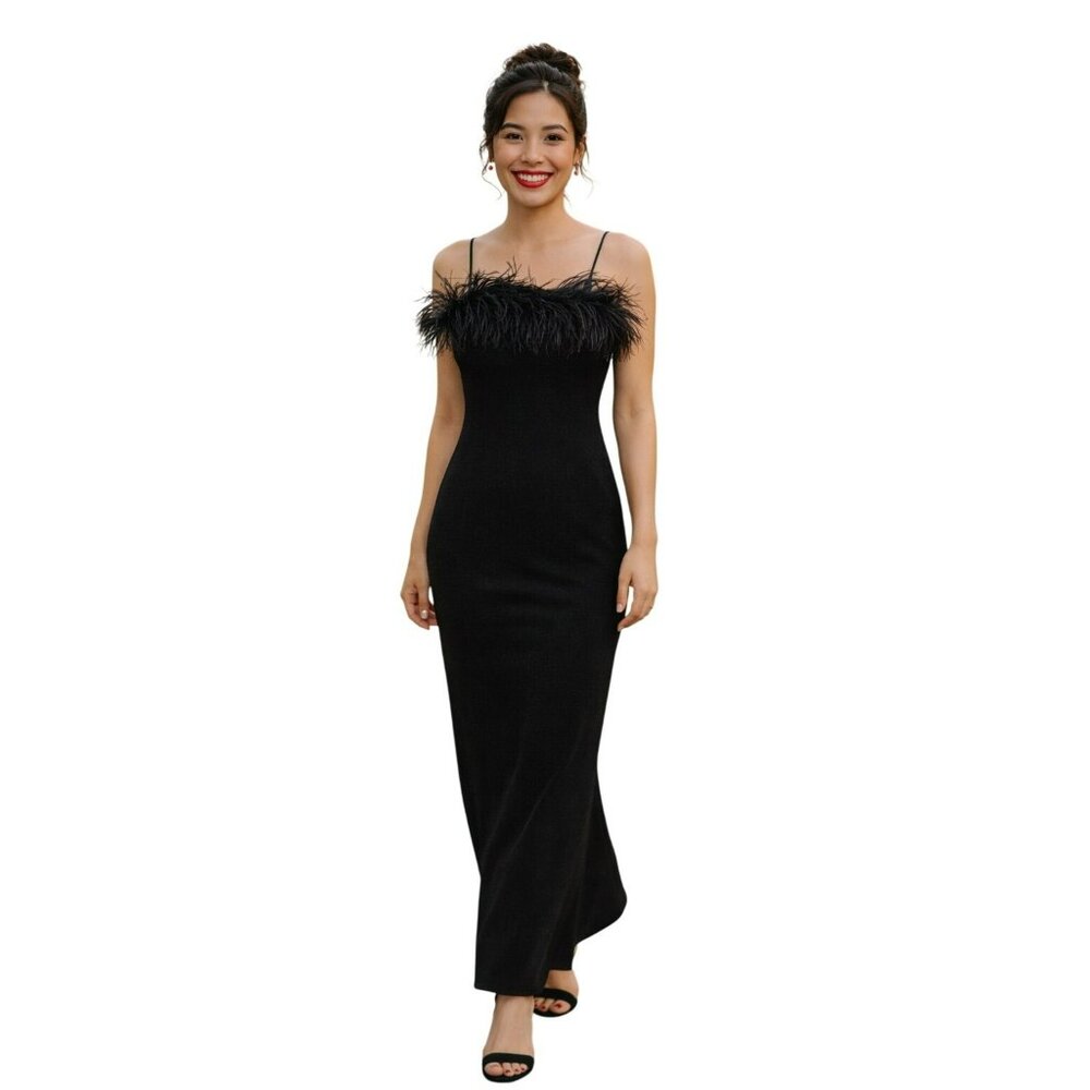 Alex Evenings Spaghetti Strap Feather Trim Evening Gown Womens 6P Black - Picture 6 of 10